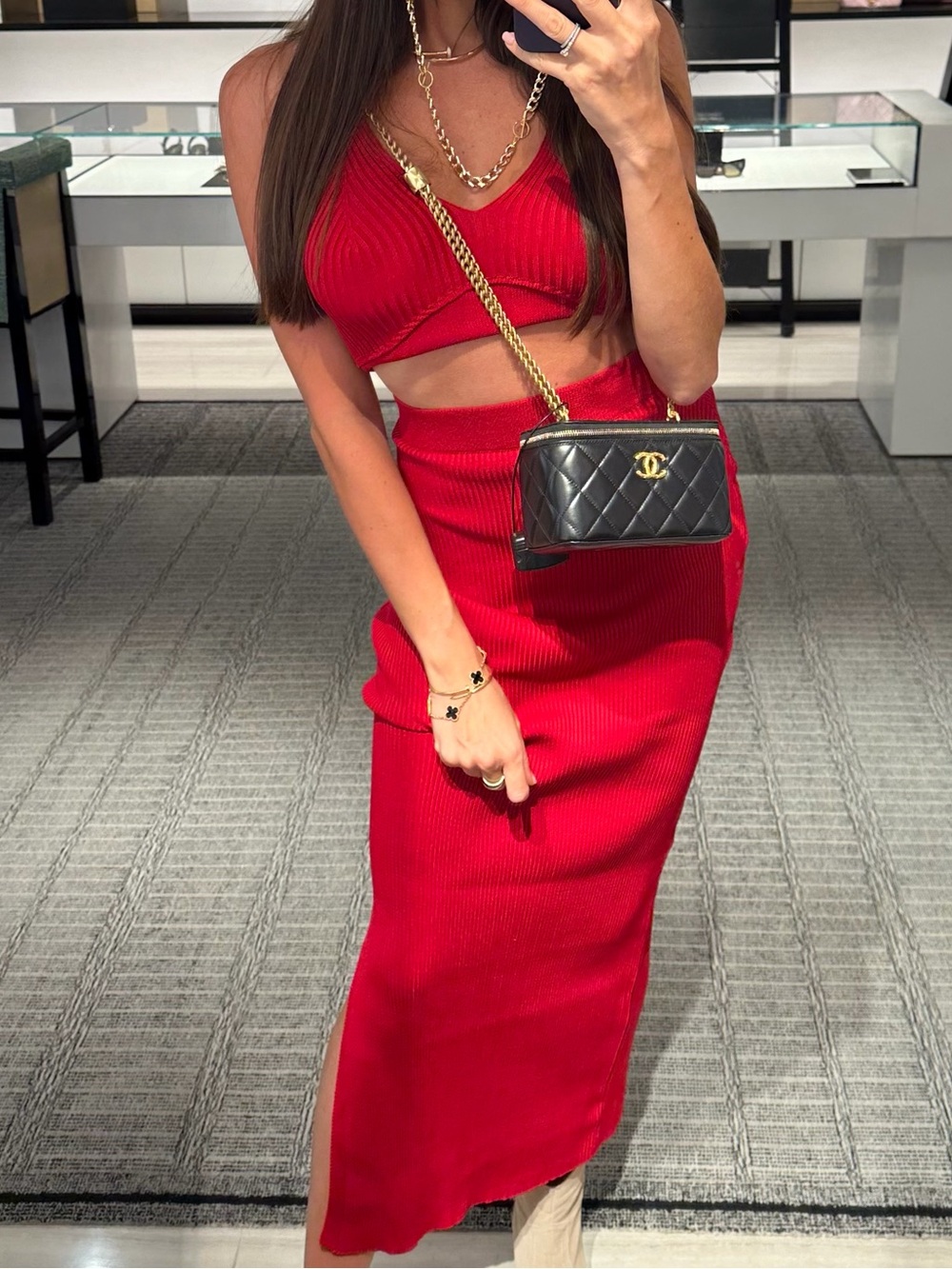 Red Ribbed Knit Two Piece Set Halter Top & Maxi Skirt